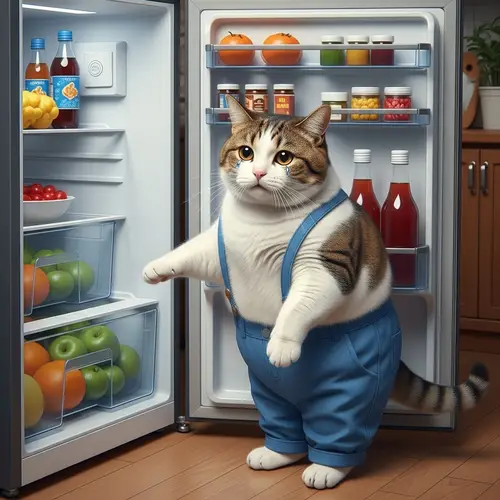 Distressed Overweight Cat by Empty Refrigerator | Emotional Scene