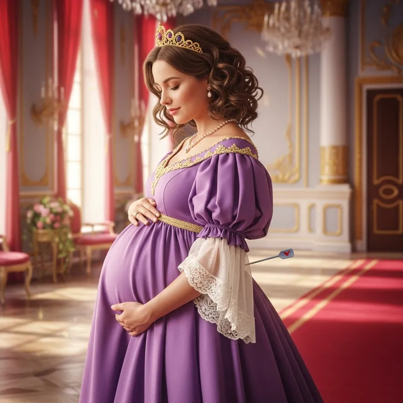 Graceful Pregnant Princess in Opulent Ballroom - A Whimsical Fairytale Scene