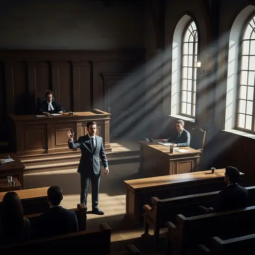Passionate Lawyer Pleading Case in Courtroom - Dark Hues & Striking Contrasts