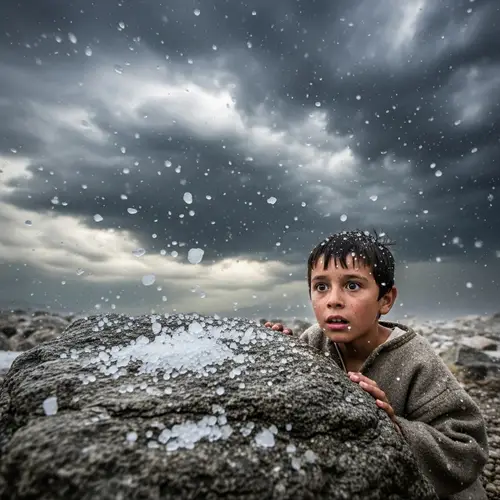 Young Boy Shepherd Hidden from Hailstorm