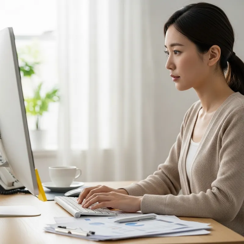 Focused East Asian Woman Typing at Computer Desk