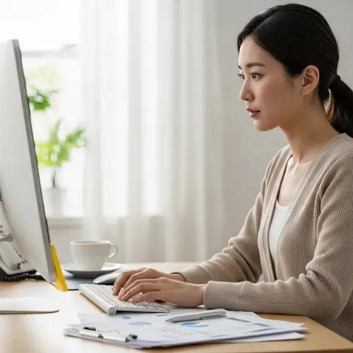 Diligent East Asian Woman Working at Computer