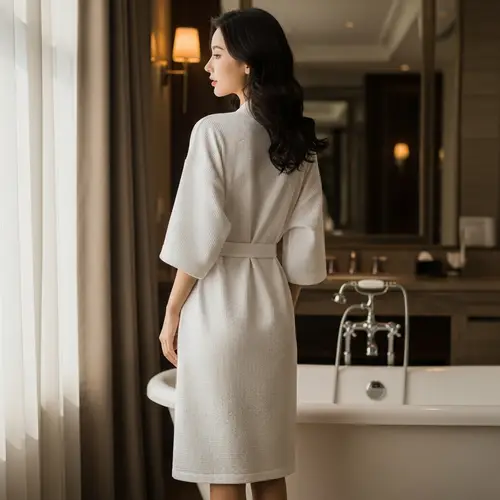 White Kimono Style Waffle Bathrobe for Women