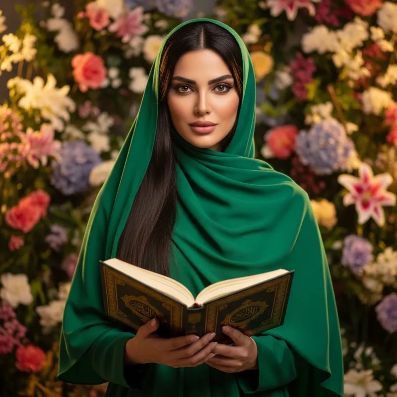 Beautiful Muslim Woman with Angelina Jolie Features in Green Hijab Standing Among Flowers