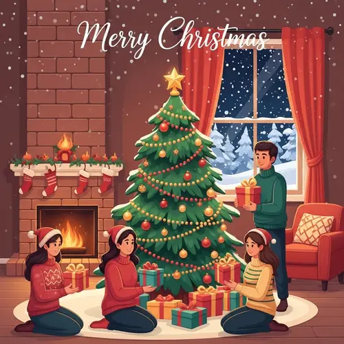 Colorful Holiday Greeting Card with Decorated Christmas Tree and Festive Celebration