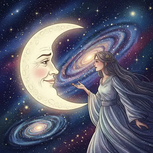 Beautiful Girl and Proud Moon in Art Against Starry Sky