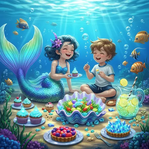 Cute Girl with Mermaid Tail and Boy: Underwater Picnic Delights