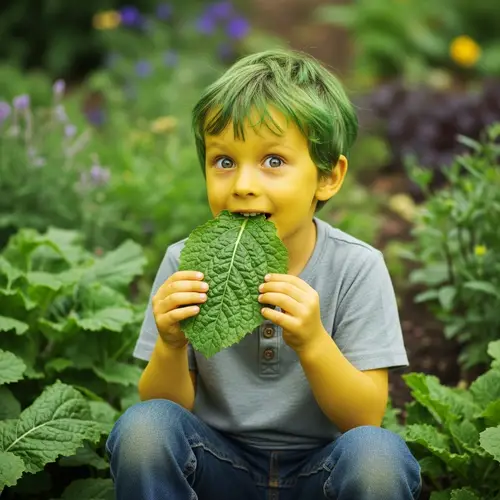 Vibrant Green-Haired Boy Enjoying Nature's Bounty with a Crunchy Snack
