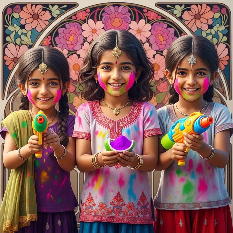 Enchanting 3D Artwork of Little Indian Girls Playing Holi with Colours