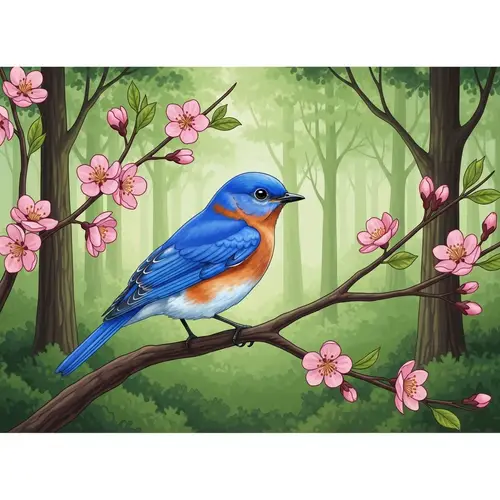 Detailed Illustration of Colorful Bluebird on Blossoming Tree