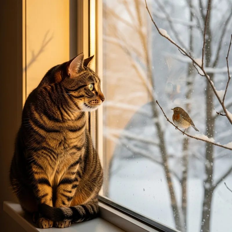 Cat Watching Bird Through Winter Window Cat Watching Bird Through Winter Window