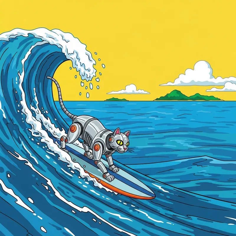 Pop Art Robot Cat Surfing in Caribbean Seas Pop Art Robot Cat Surfing in Caribbean Seas