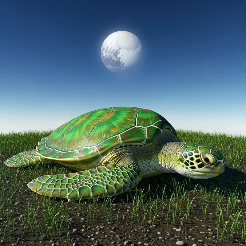 Green Turtle on Ground with Grass & Mud, Pluto in Sky - Terrestrial Life & Outer Space Fusion