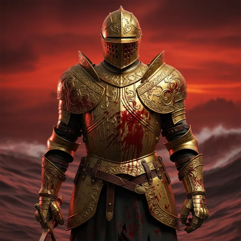 Knight in Golden Armor Faces Red Stormy Sea