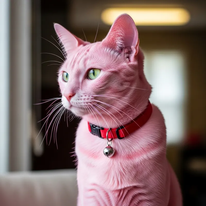 Pink Cat with Red Collar - Cute Pink Cat Picture