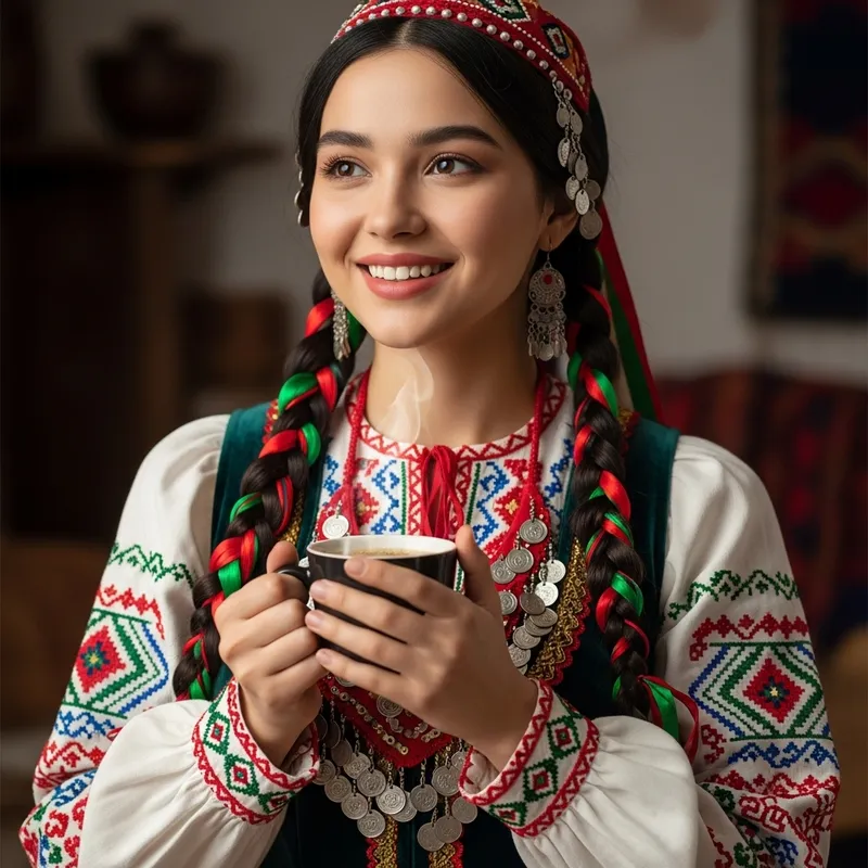 Joyful Tatar Girl in Traditional Costume with Coffee