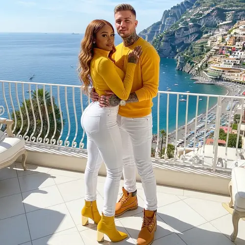 Stylish Couple Embracing in Opulent Amalfi Coast Penthouse