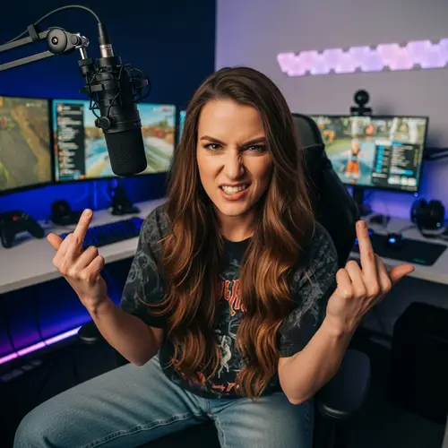 Professional Video Game Streamer with Long Brown Hair | Defiant Yet Playful Pose