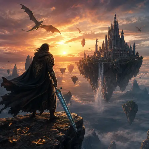 Epic Fantasy Warrior Overlooking Floating Castle