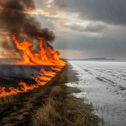Field On Fire and Flooded: Contrast in Nature