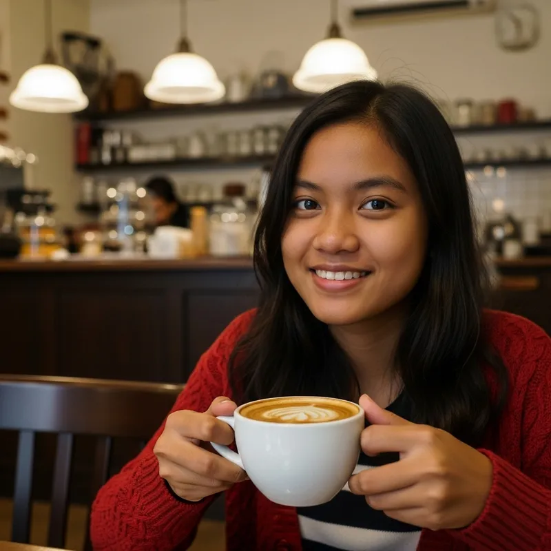 Cute Asian Girl Enjoying Coffee at Quaint Cafe
