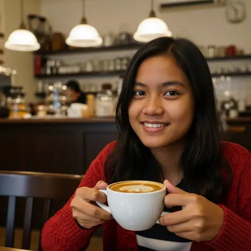 Cute Asian Girl Enjoying Coffee at Quaint Cafe