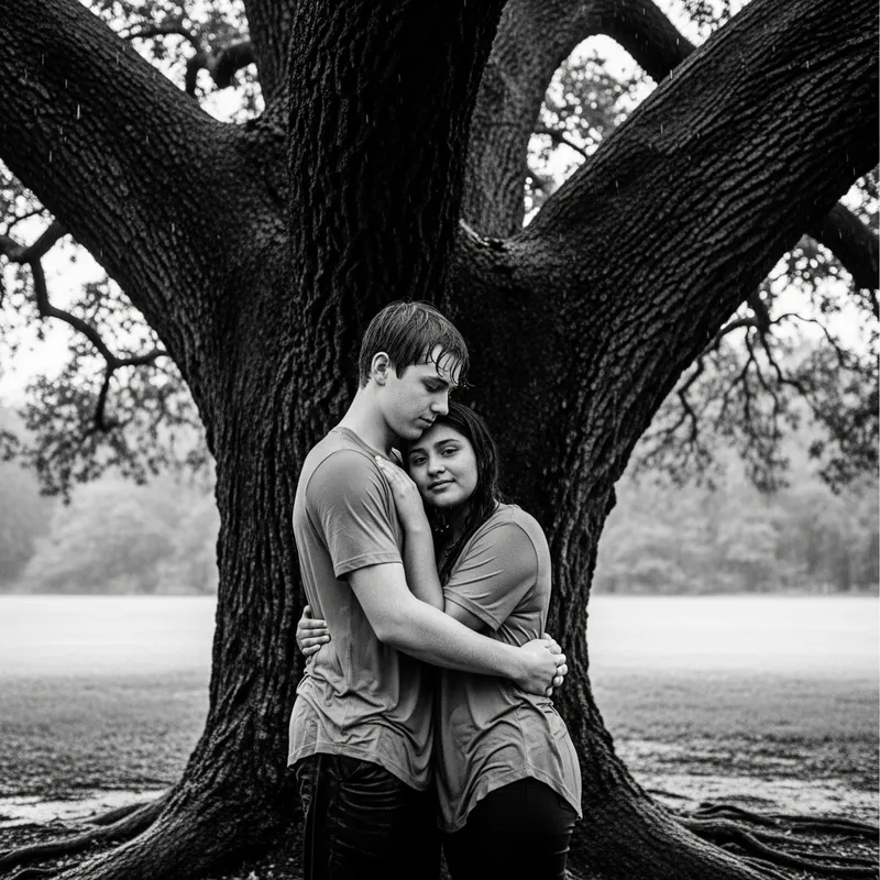 Nostalgic Romance Under Oak Tree | Timeless Black & White Photography
