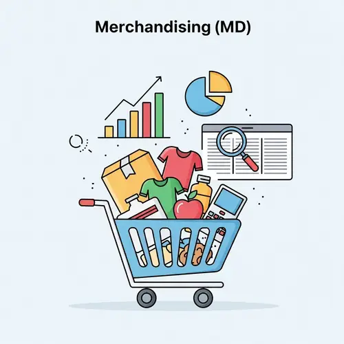 Merchandising System Icon with Shopping Cart and Analysis Tools