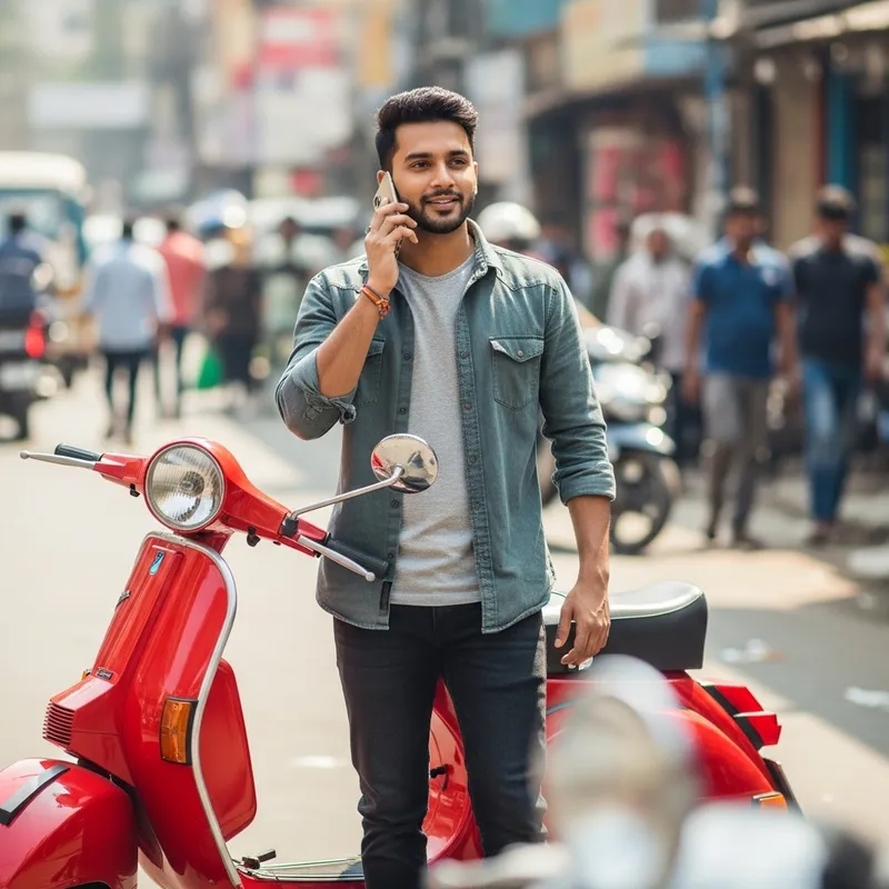 Realistic Photo of Man Talking on Phone Next to Red Vespa on Street