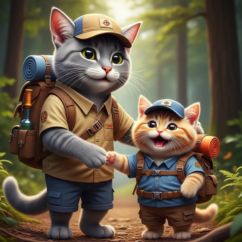 Real-Life Grey Cat Tom & Ginger Kitten in Hiking Gear | Charming Scene