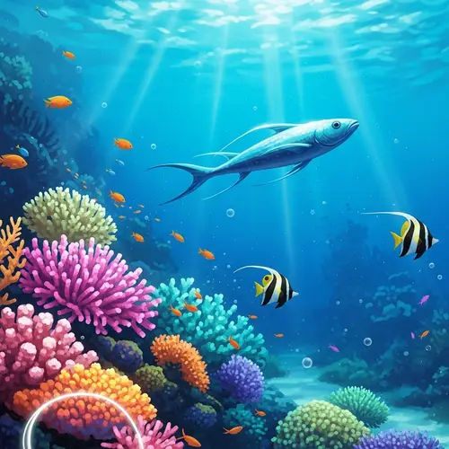 Whimsical Underwater Scene with Vibrant Coral Reefs and Colorful Fish