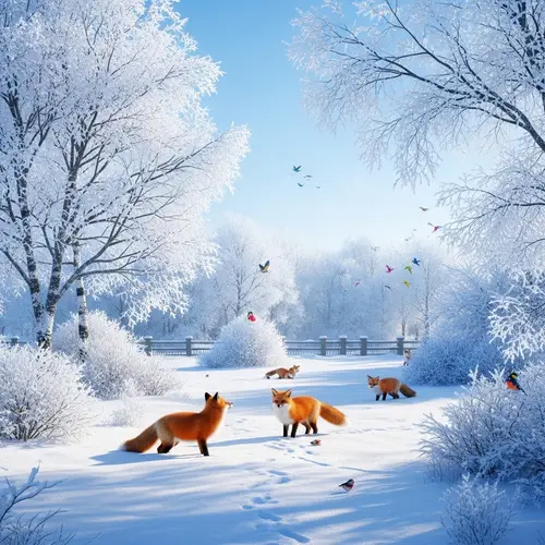 Winter Wonderland Garden with Foxes