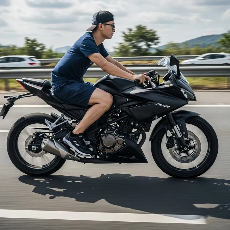 Slim Man Riding Black 200cc Speed Motorcycle on Highway with Nike Shoes
