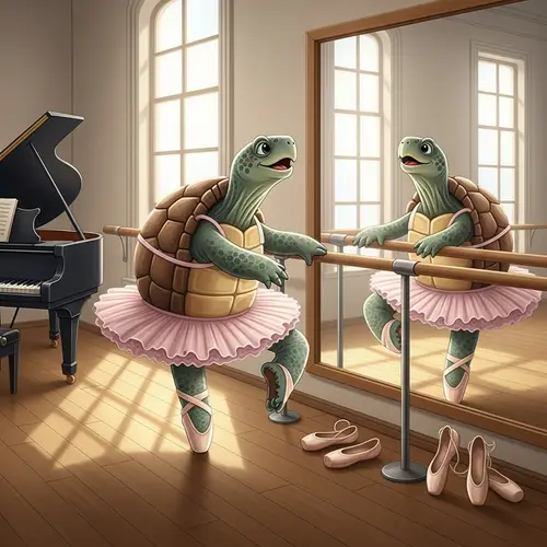 Tutu-Wearing Turtle in Classical Dance Studio