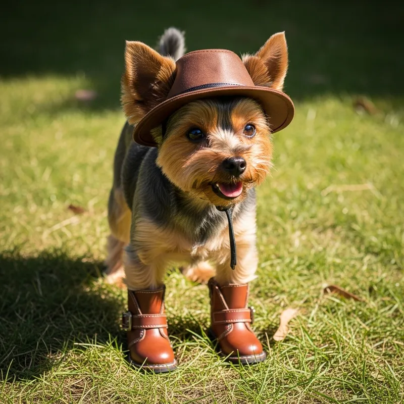 Cute Yorkshire Terrier with Boots and Hat