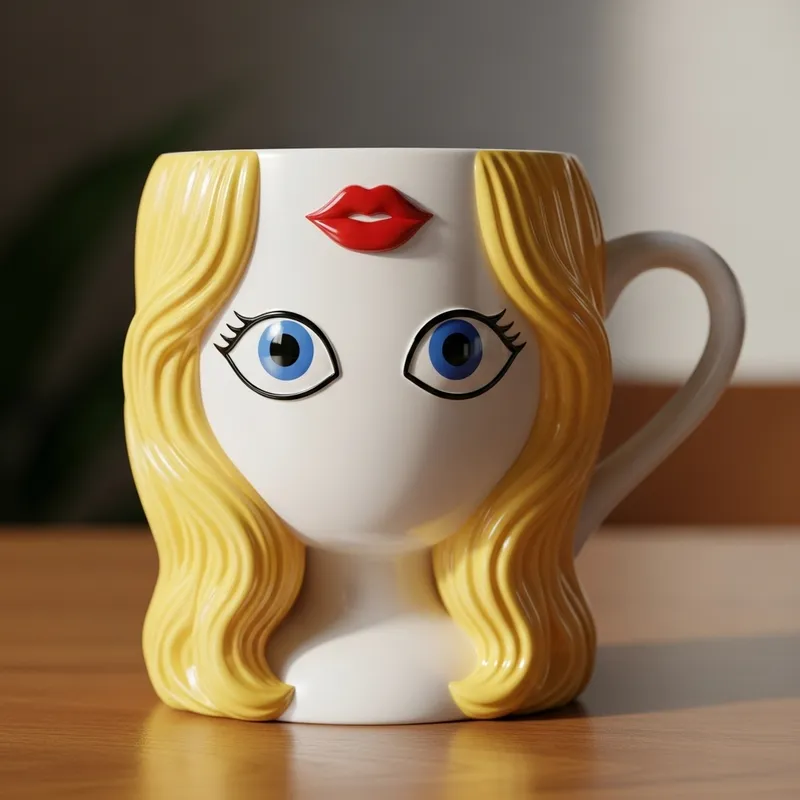 Beautiful Anthropomorphic Cup with Blue Eyes, Blonde Hair, and Red Lips