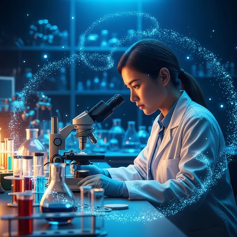 Asian Woman in White Lab Coat | Dynamic Laboratory Scene