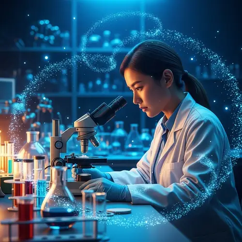 Asian Woman in White Lab Coat Examining Samples | Sterile Laboratory Scene