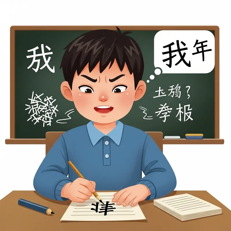 Young Asian Boy Struggling with Chinese Characters