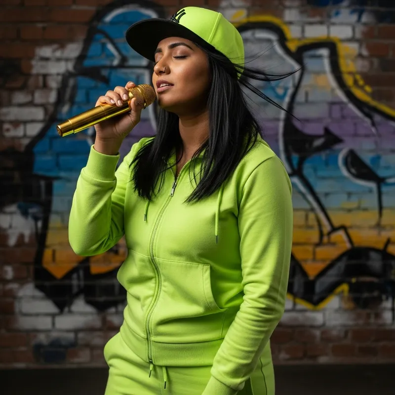 Engaging South Asian Female Rapper in Neon Green Tracksuit