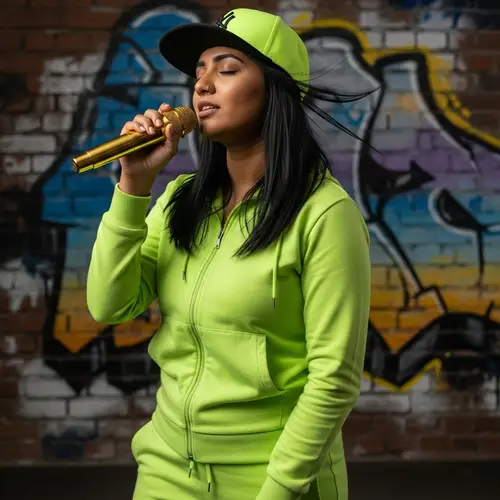 South Asian Female Rapper Artist in Neon Green Tracksuit