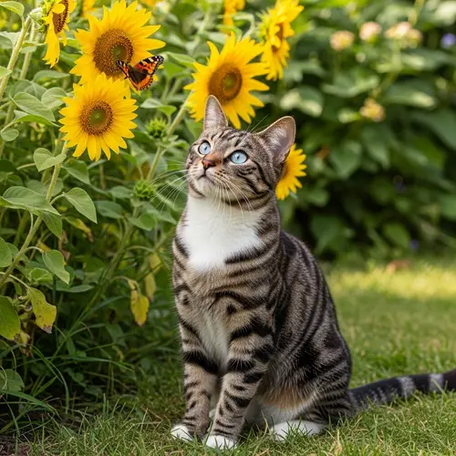Adorable Cat with Dark Brown and White Stripes in a Garden