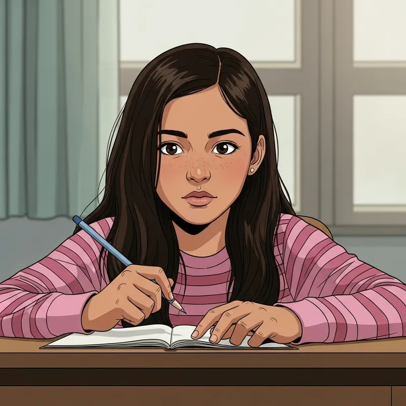 Young Hispanic Girl Sitting at Desk with Storyboard Young Hispanic Girl Sitting at Desk with Storyboard