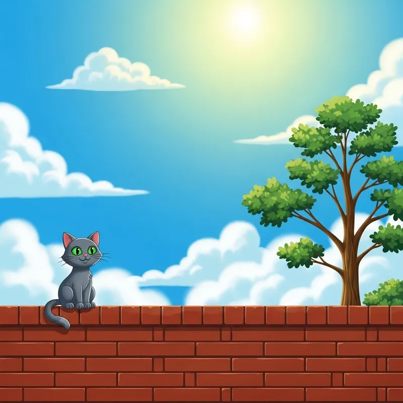 Colorful Cartoon Scene: Grey Cat on Red Brick Wall with Oak Tree and Blue Sky, featuring a Peaceful Afternoon