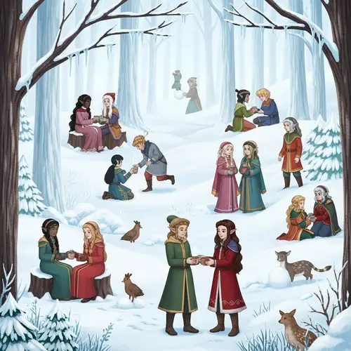 Enchanting Winter Scene with Diverse Elves in Forest