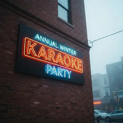 Annual Winter Karaoke Party Neon Sign on Aged Brick Wall
