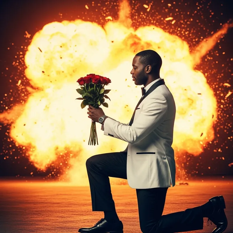 Romantic Proposal in White Tuxedo with Explosive Background