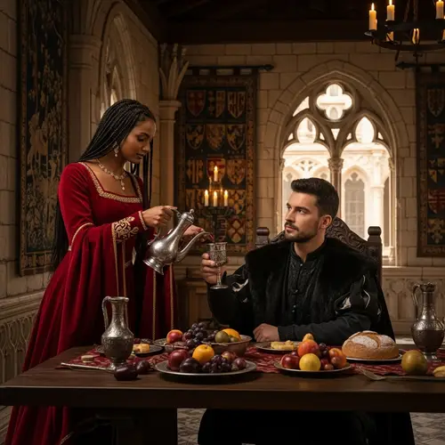 Medieval Scene: South Asian Woman Filling Goblet for Hispanic Man