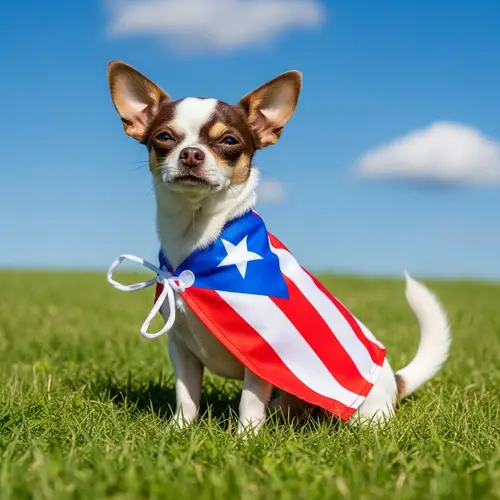 White and Brown Chihuahua in Puerto Rican Flag Cape