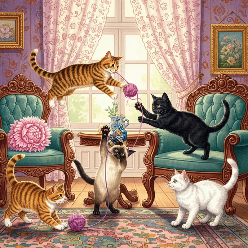 Delightful Cats Playing in Charming Victorian Parlor